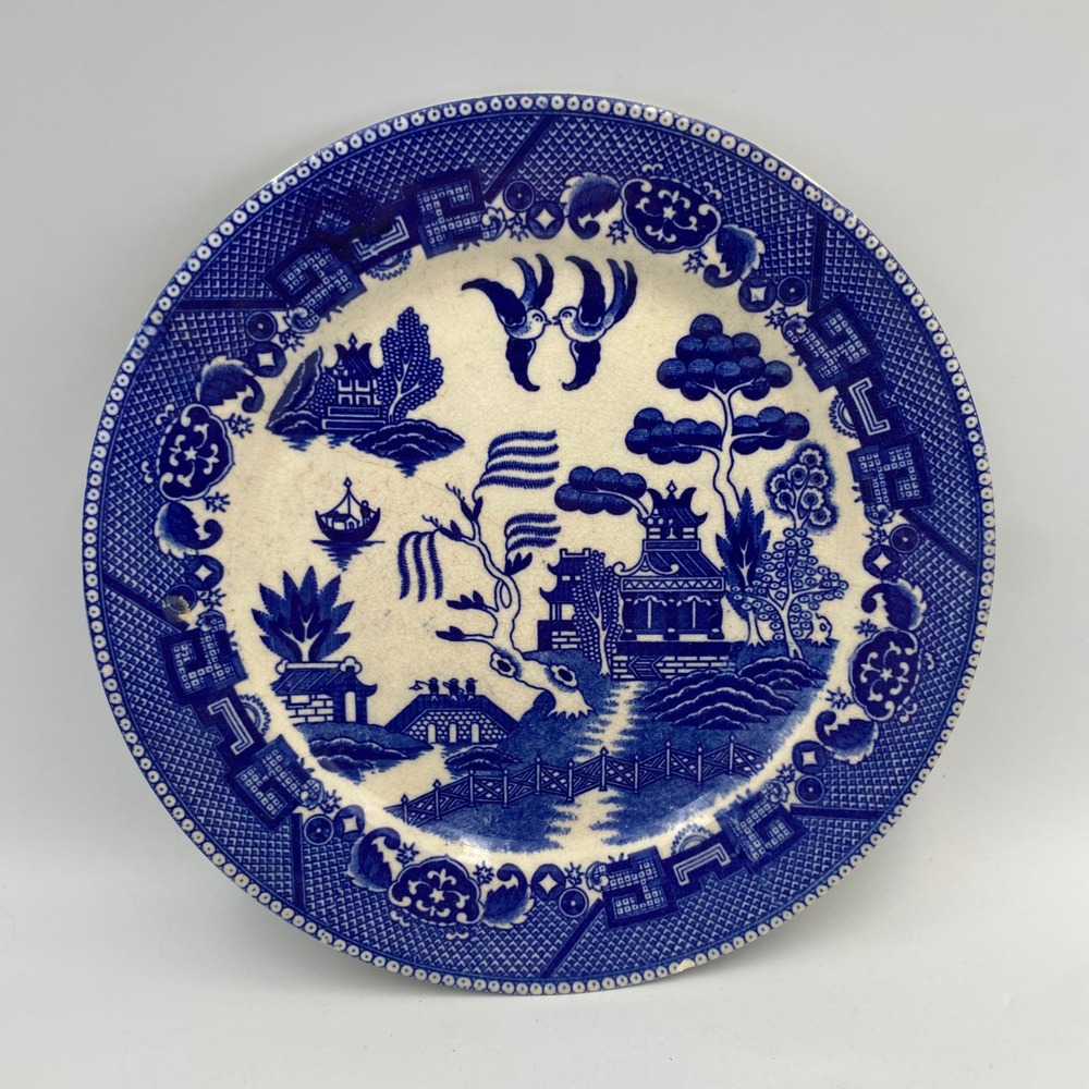 Vintage Blue‎ Willow Transferware Plate 9" Made in Japan Blue and White Pagoda